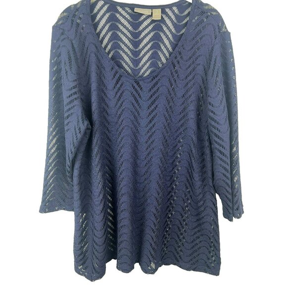 Chico’s Top Crochet Mesh 3 US XL Open Blue 3/4 Sleeve Blouse Pullover Bohemian - Picture 1 of 7